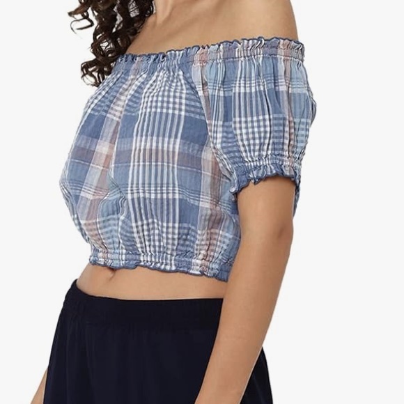 AEO 🦅 Off Shoulder Plaid Puff Sleeve Crop Top - Picture 5 of 15